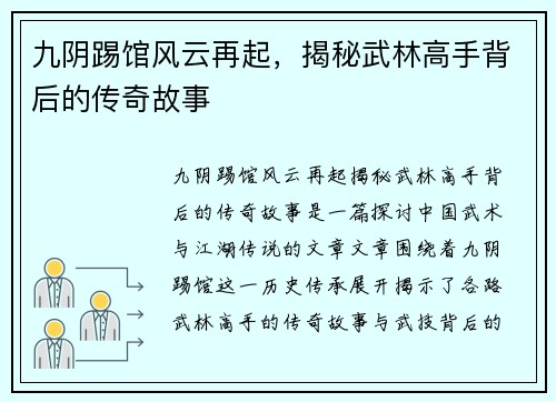 九阴踢馆风云再起，揭秘武林高手背后的传奇故事