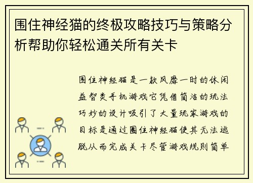 围住神经猫的终极攻略技巧与策略分析帮助你轻松通关所有关卡